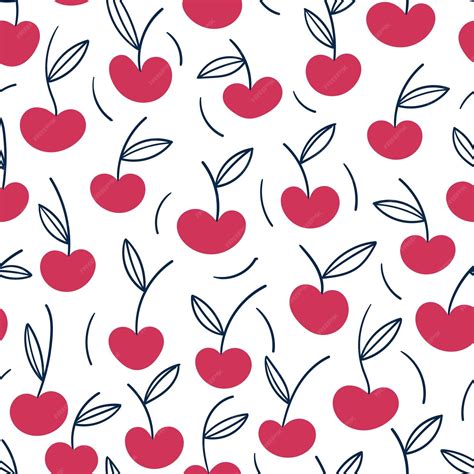 Premium Vector Seamless Pattern With Cherry With Doodle Leaves On