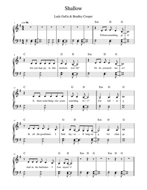 Lady Gaga Shallow Easy Piano Sheet Music For Piano Solo