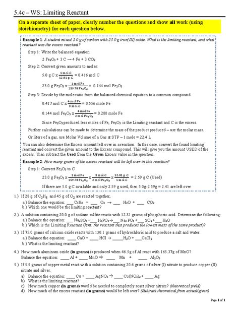 5 4c Ws Limiting Reactant Page 1 Of 1 5 Ws Limiting Reactant On A Separate Sheet Of Paper