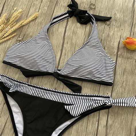 Conjunto De Bikinis De Playa A Rayas Para Mujer Bañador Sexy De Realce