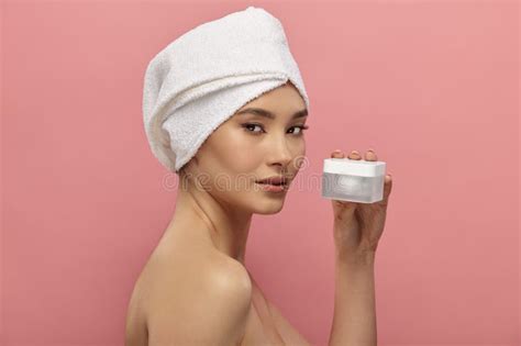 Naked Girl After Shower Holding Cream Jar Mockup Stock Image Image Of Portrait Isolated