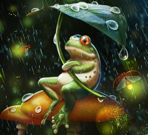 Happy Frog For Di Rain Amphibian Frog Leaf Fireflies Hd Wallpaper