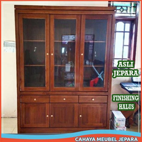 Jual Lemari Pajangan Kaca Minimalis 3 Pintu Kayu Jati Rak Buku Boneka