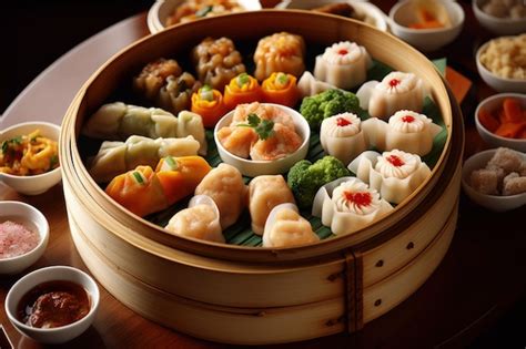 Premium Ai Image Assorted Asian Dim Sum In Bamboo Steamer Steamed