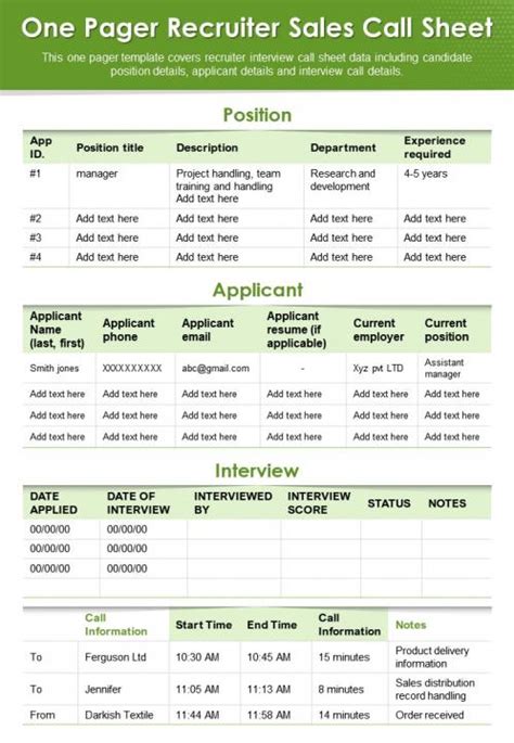 One Pager Recruiter Sales Call Sheet Presentation Report Infographic