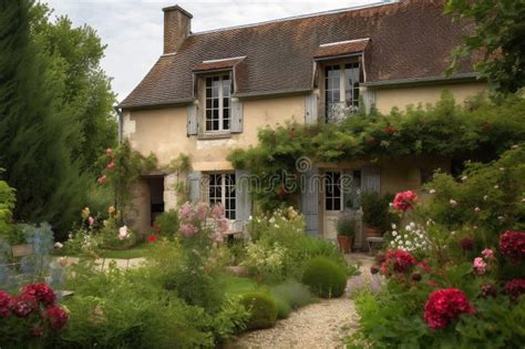 French Country House with Lush Garden and Flowering Plants Stock Image ...