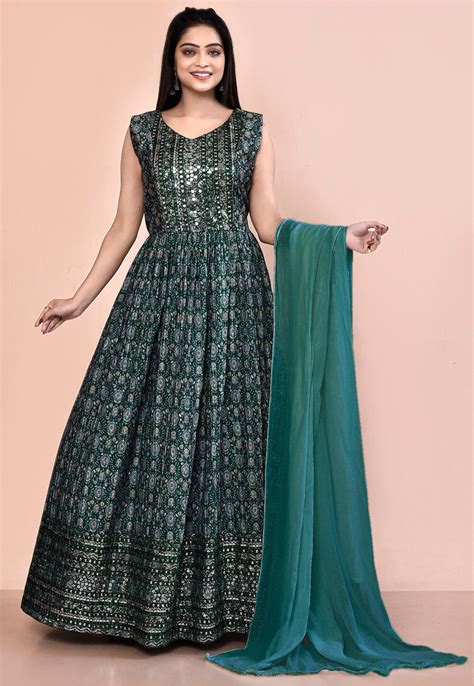 Buy Digital Printed Chinon Chiffon Abaya Style Suit In Dark Teal Green