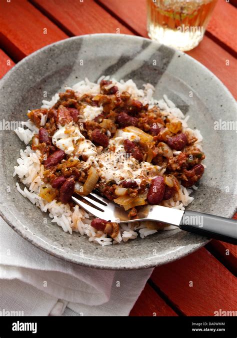 Chilli con carne and rice Stock Photo - Alamy