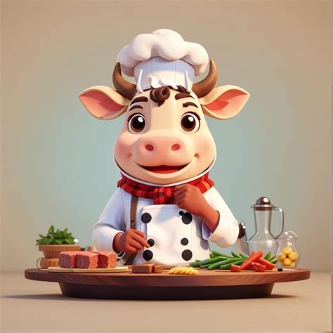 Premium Photo Cute Cow Chef Cooking Steak Meat Cartoon Vector Icon