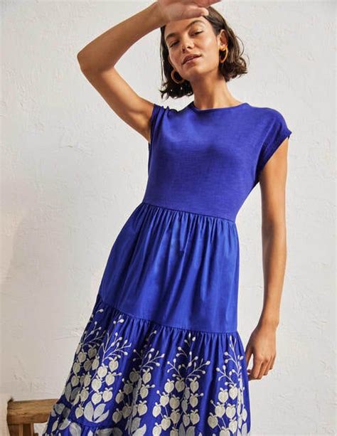 Embroidered Tiered Midi Dress Blue Wave Embroidery Boden Us