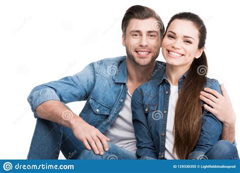 Smiling Couple Hugging And Looking At Camera Stock Image Image Of