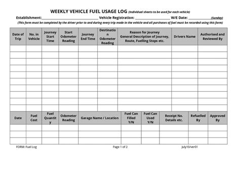 Weekly Vehicle Fuel Usage Log In Word And Pdf Formats