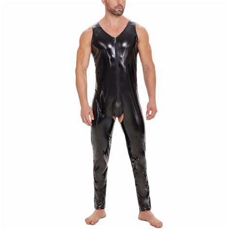 Plus Size Mens Sexy Open Crotch Pvc Leather Jumpsuit Glossy Sheath Latex Bodycon Crotchless