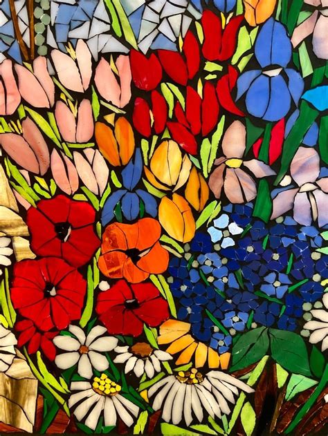 Mixed Flower Garden Stained Glass Window Framed Hanging Glass Art