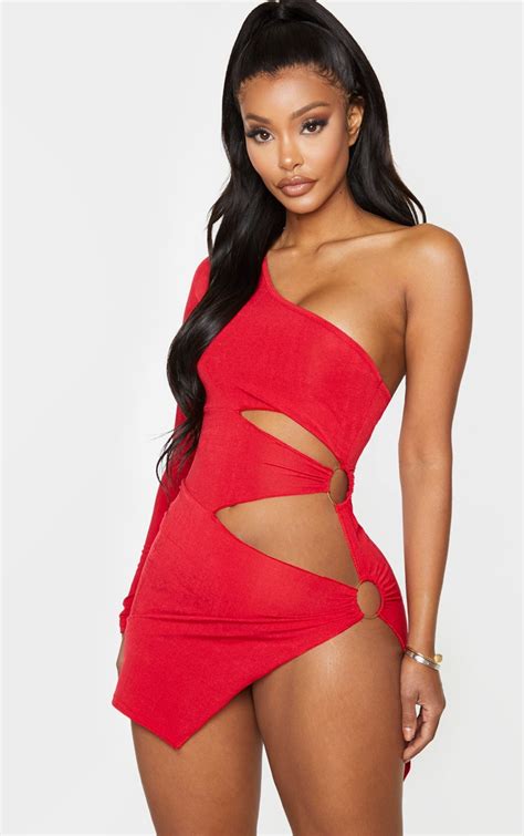 Red Slinky Ring Detail Bodycon Dress Prettylittlething Usa