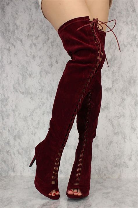 Buy Burgundy Front Lace Up Peep Toe Thigh High Heel Boots Velvet With