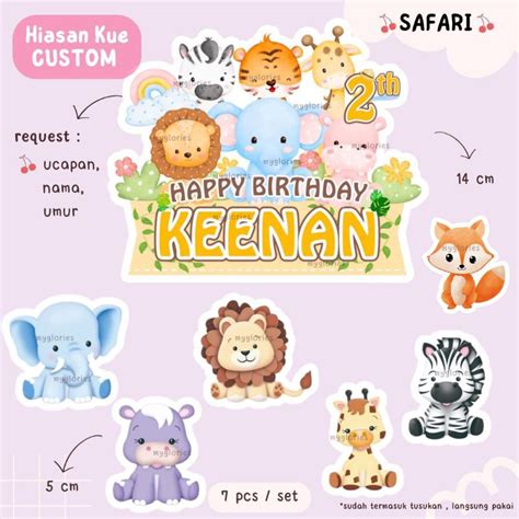 Jual Custom Nama Umur Topper Cake Safari Hiasan Kue Ulang Tahun