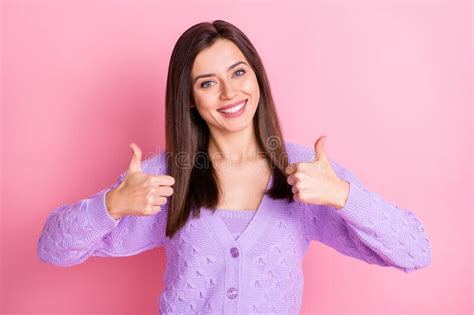 Portrait Of Optimistic Girl Show Approve Sign Wear Lilac Sweater