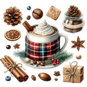 Winter Hot Chocolate Clipart PNG 12 Plaid Mug With Whipped Cream Cinnamon Sticks And Star