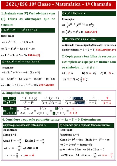 Resolução Do Exame De Matemática Da 10ª Classe 2021 1ª Chamada