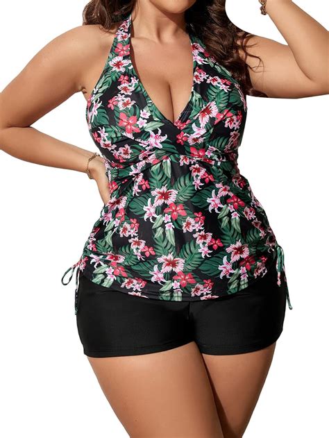 Amazon Soly Hux Women S Plus Size Floral Print Tankini Set Halter Tops And Shorts Bikini