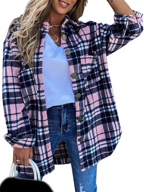 Womens Plaid Jacket Long Sleeve Lapel Button Down Shirts Wool Blend Shacket Coat Casual Tops