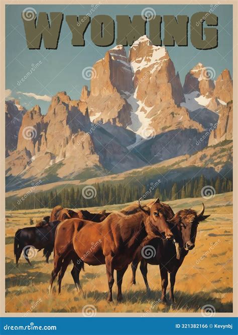 Wyoming Vintage Travel Poster Postcard with Cattle Stock Illustration