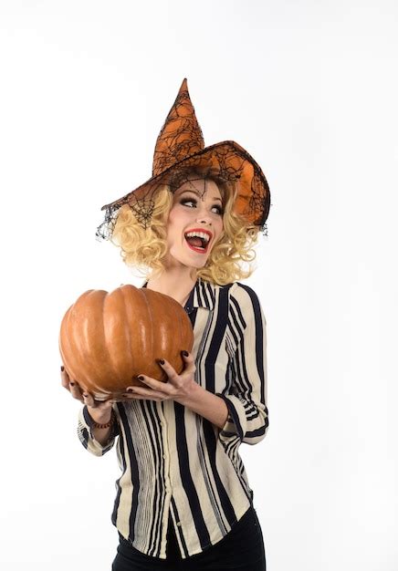 Premium Photo Trick Or Treat Woman With Pumpkin Halloween Party Happy