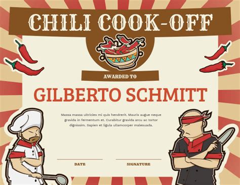 Printable Chili Cook Off Award Certificate Template