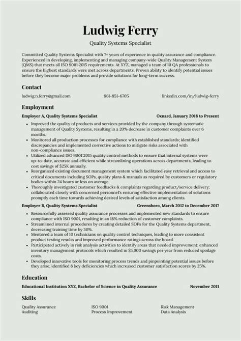 Quality Systems Specialist Resume CV Example And Writing Guide