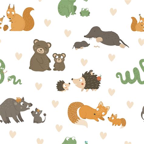 Vector seamless pattern with baby animals and their parents. Funny ...