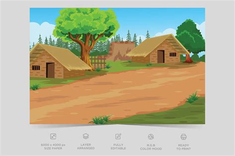 Indian Village Background Illustration. Rural mountain landscape and village vector illustration ...