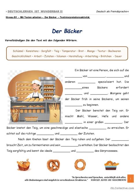 B1 Mit Texten arbeiten Der Bäcke Deutsch DAF Arbeitsblätter pdf doc