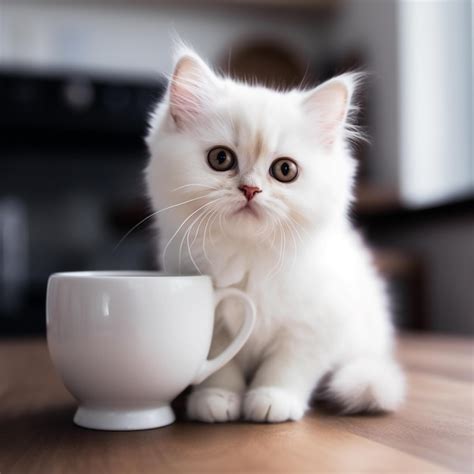 Premium Photo A White Cat Is Sitting On A Table Next To A Cup