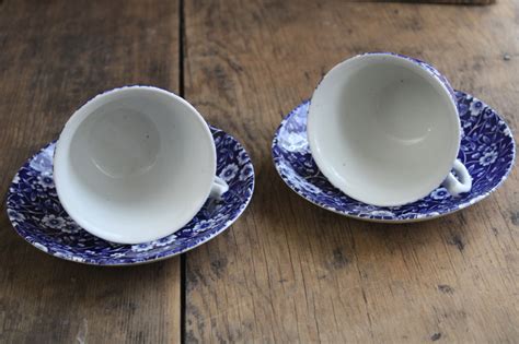 Blue Calico Staffordshire Vintage Blue White Chintz China Tea Cups Saucers