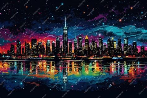 Premium AI Image | A painting of a city skyline with the night sky in ...