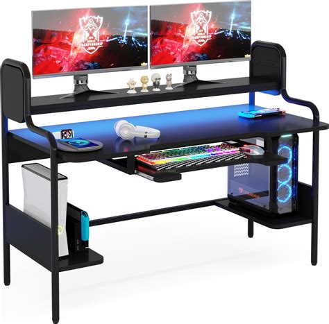 Tribesigns Computer Desk with LED Lights & Keyboard Tray, 55 Inches ...