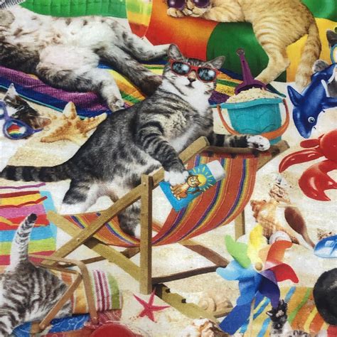 Cat Lady Collection Cats Chilling On Beach Digital Cotton Fabric