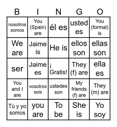 El Verbo Ser En El Presente Bingo Card