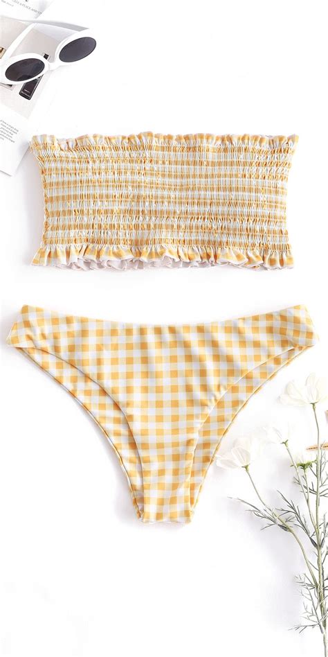 Zaful Gingham Frilled Smocked Bikini Set Bright Yellow Bikinis