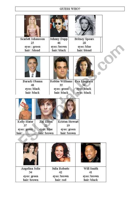 Famous Forehead Game Celebrity Guessing Worksheet All Esl Atelier