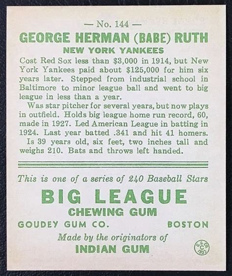 1933 Goudey 144 Babe Ruth Reprint Mint Condition New York Etsy