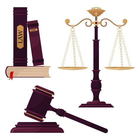 Set of illustrations of a court case. Court. Symbols of justice. Books