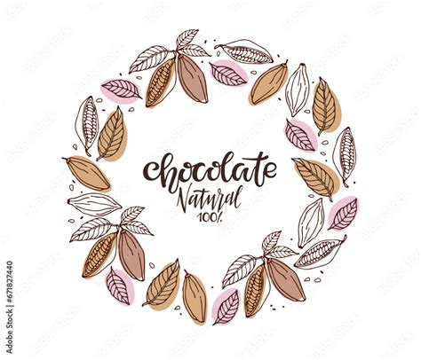 Chocolate Label Round Cocoa Beans Frame Doodle Outline Vector