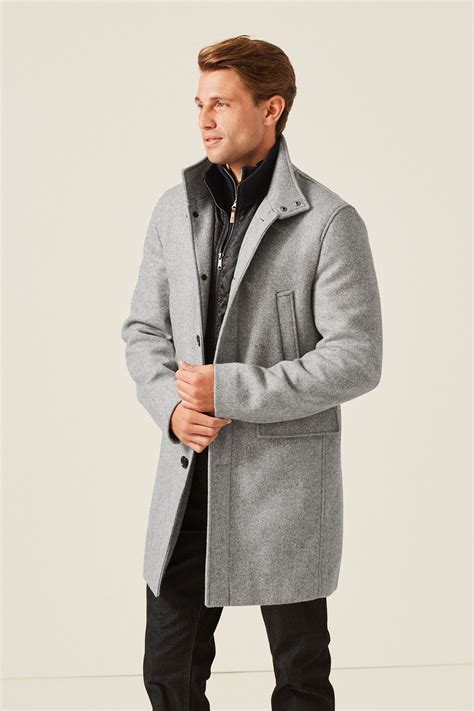 Buy Light Grey Herringbone Funnel Neck Coat With Built In Gilet From