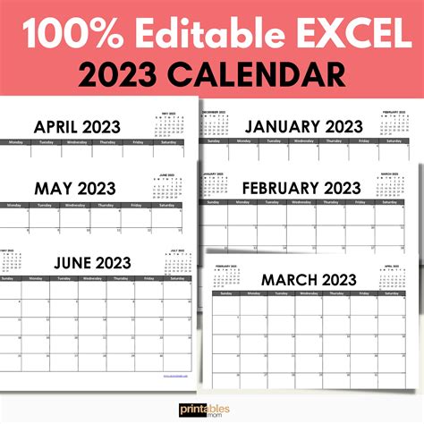 2023 Editable Calendar, Editable Excel Template, Minimalist, Printable ...