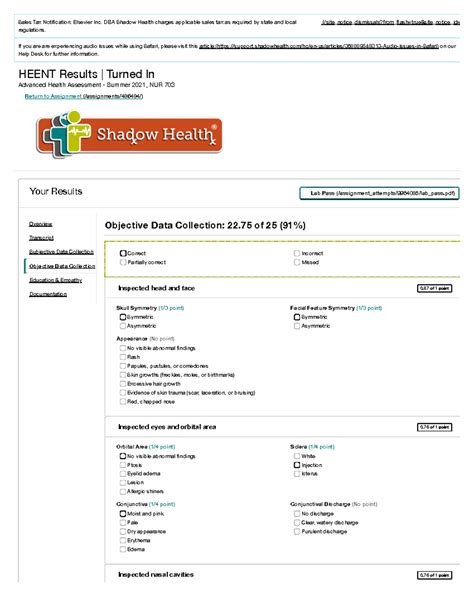 Shadow Health Heent Objective Data HEENT Results Turned In Advanced