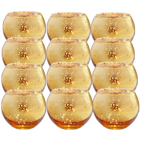 Gbateri 12 Pack Speckled Gold Votive Candle Holders Round Mercury Glass