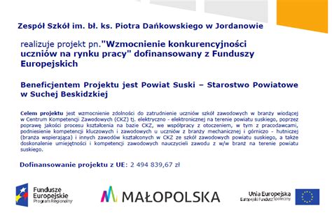 Projekty Unijne ZESPÓŁ SZKÓŁ IM BŁ KS PIOTRA DAŃKOWSKIEGO W JORDANOWIE