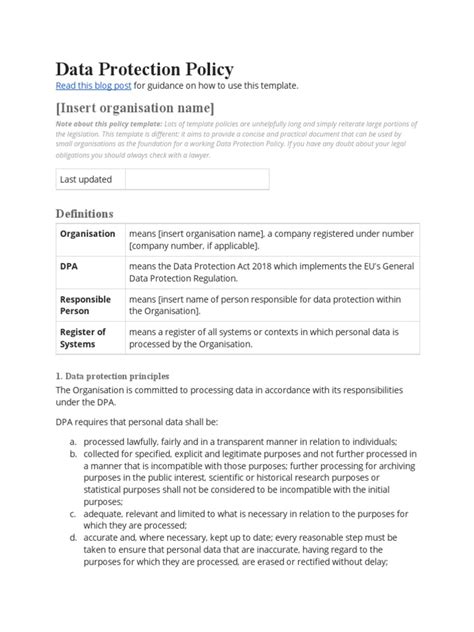 Data Protection Policy Template Pdf Information Privacy Data